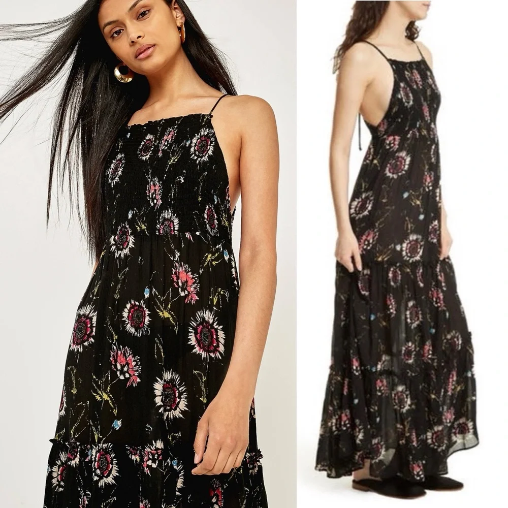 Free People Garden Party Floral Maxi Dress L Boho Smocked Tiered A-Line Romantic - Picture 5 of 16